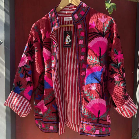 Cotton Embroidered Jacket - Carmine