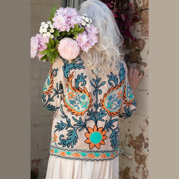 Velvet Embroidered Jacket - Ecru