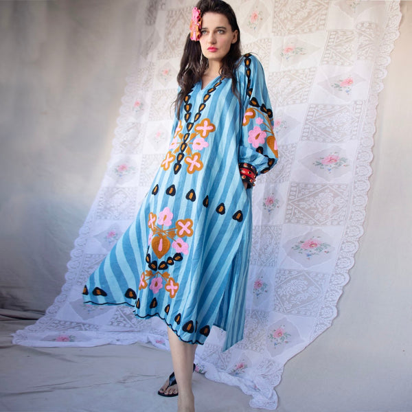 Striped Cotton Kaftan – Azure