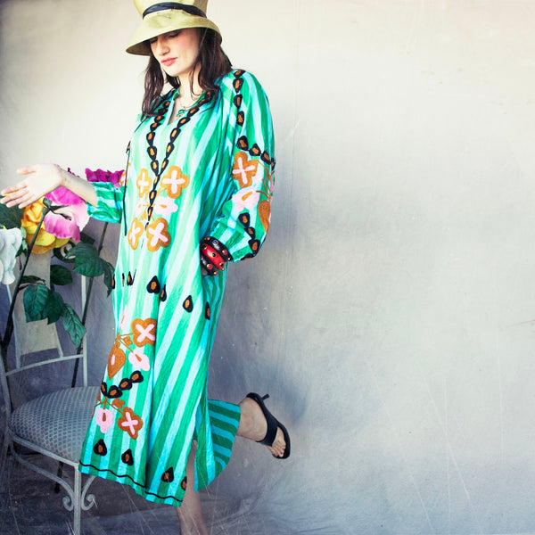 Striped Cotton Kaftan – Aqua