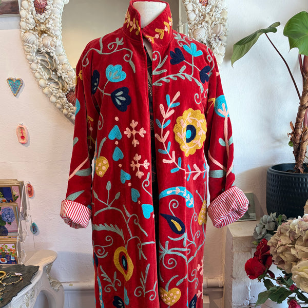 Velvet Embroidered Maxi Coat – Scarlet