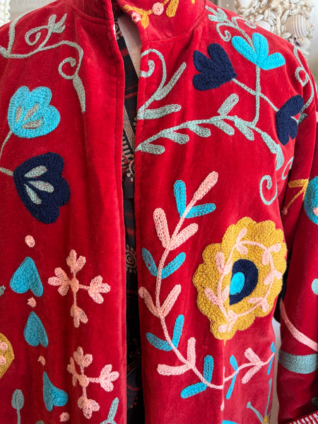 Velvet Embroidered Maxi Coat – Scarlet