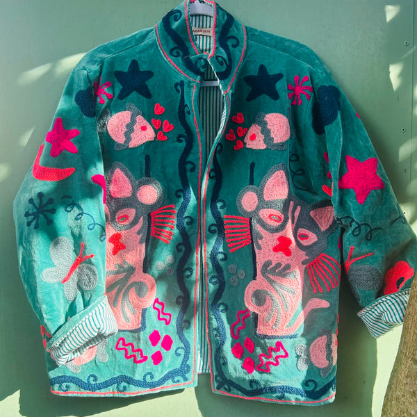 Velvet Embroidered Jacket – Cyan