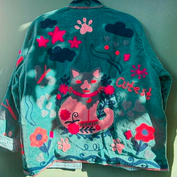 Velvet Embroidered Jacket – Cyan