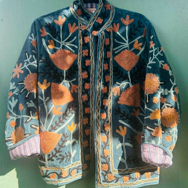 Velvet Embroidered Jacket – Teal
