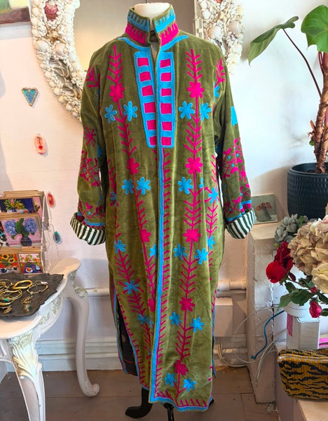 Velvet Embroidered Maxi Coat – Olive