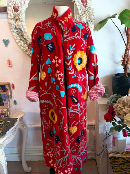 Velvet Embroidered Maxi Coat – Scarlet