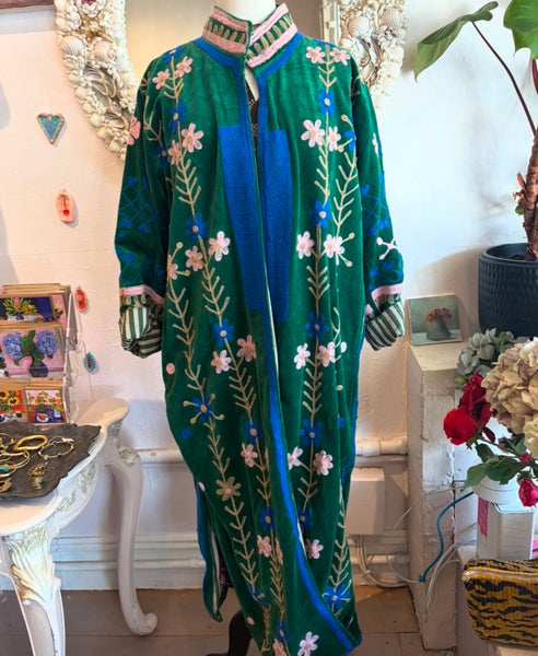 Velvet Embroidered Maxi Coat – Emerald