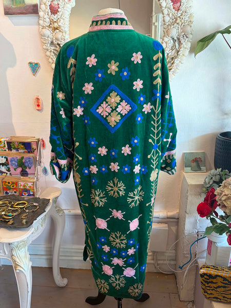 Velvet Embroidered Maxi Coat – Emerald