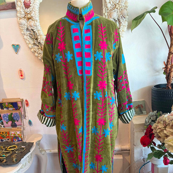 Velvet Embroidered Maxi Coat – Olive