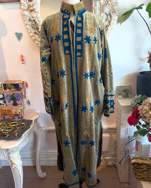 Velvet Embroidered Maxi Coat – Sage