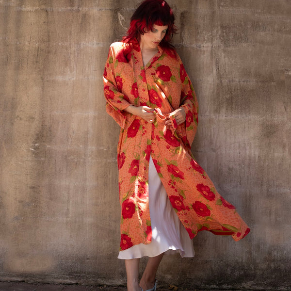Long Silk Kimono - Poppy